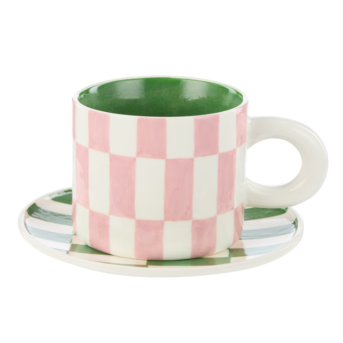 Emporium Check Mug & Plate Pink & Green