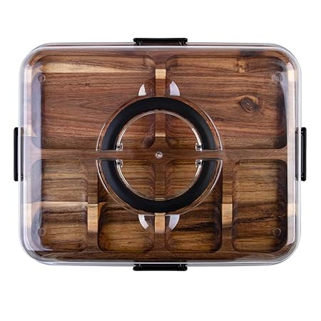 ACACIA WOOD 6 COMPARTMENT RECT. GRAZING PLATTER W/ LID