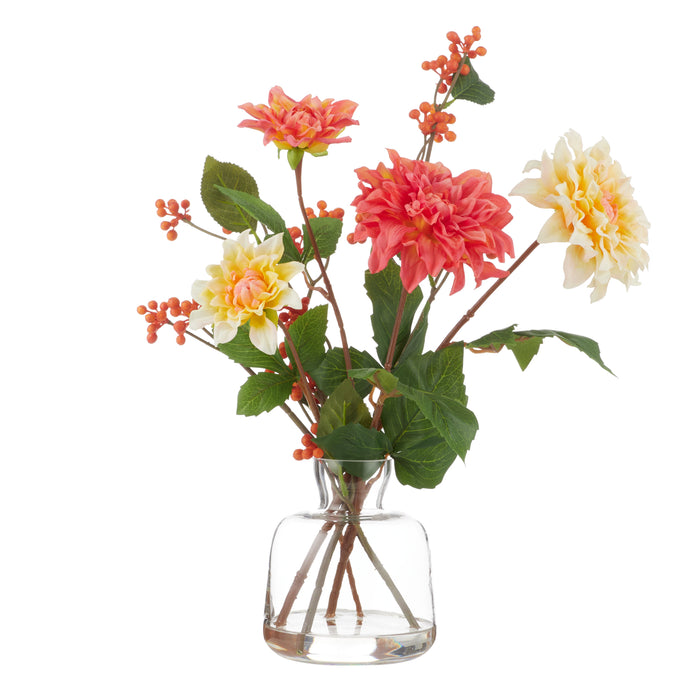 Rogue Dahlia Dewberry Mix - Clear Glass Vase Orange & Yellow