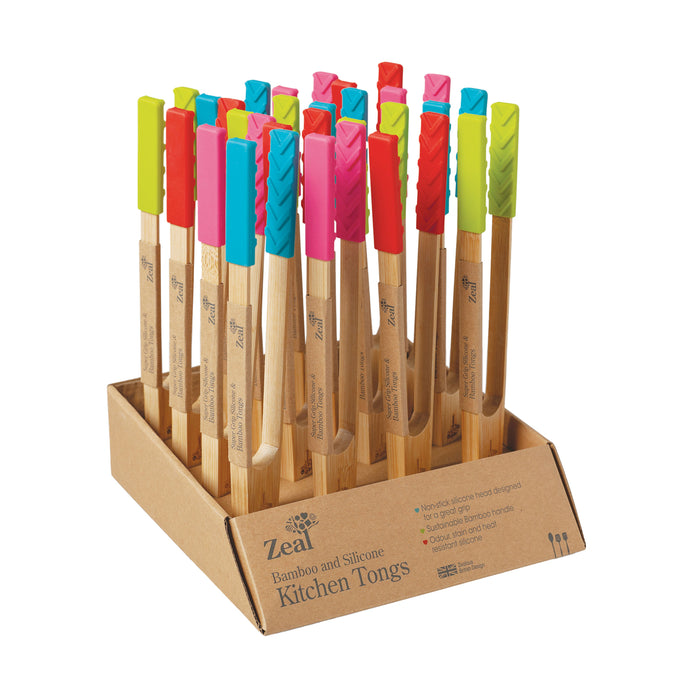 Zeal Bamboo Large Tongs with Silicone Ends 4 Assorted Colour