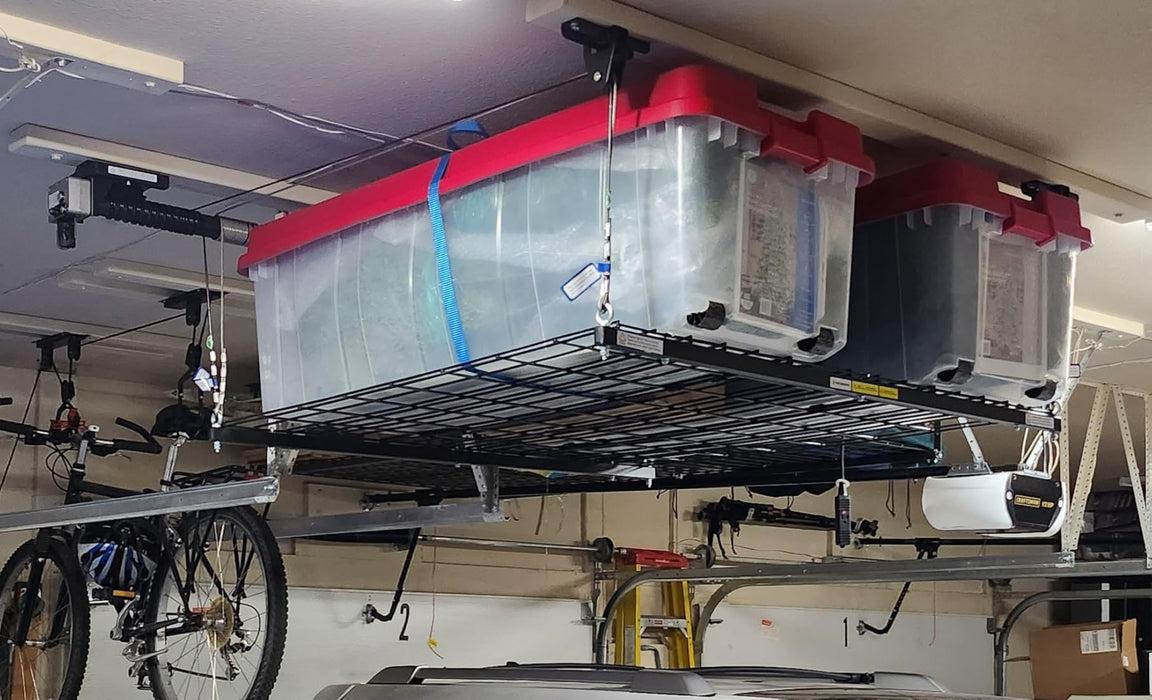 FLEXIMOUNTS GL1 Overhead Garage Lifting Storage Rack, 4x4 Ft Adjustable Garage Ceiling Organization System, Heavy-Duty Metal Garage Storage Racks, 300lbs Weight, Black