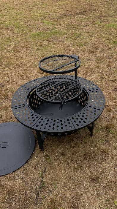 OutVue 91cm Fire Pit with 2 Grills, Wood Burning Fire Pits for Outside with Lid, Poker and Round Waterproof Cover, BBQ& Outdoor Firepit & Round Metal Table 3 in 1 for Patio, Picnic, Party