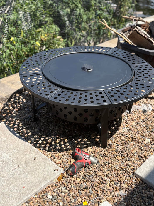 OutVue 91cm Fire Pit with 2 Grills, Wood Burning Fire Pits for Outside with Lid, Poker and Round Waterproof Cover, BBQ& Outdoor Firepit & Round Metal Table 3 in 1 for Patio, Picnic, Party