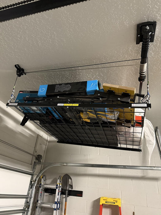 FLEXIMOUNTS GL1 Overhead Garage Lifting Storage Rack, 4x4 Ft Adjustable Garage Ceiling Organization System, Heavy-Duty Metal Garage Storage Racks, 300lbs Weight, Black