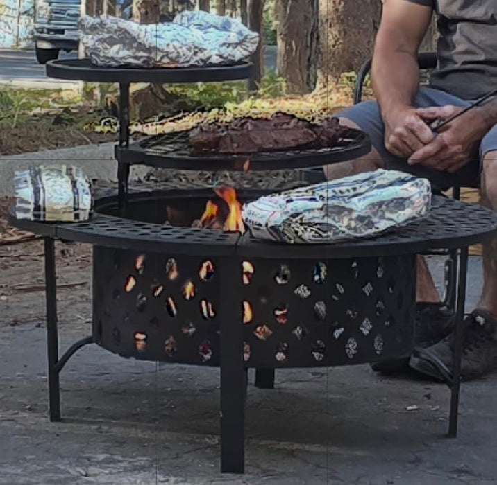 OutVue 91cm Fire Pit with 2 Grills, Wood Burning Fire Pits for Outside with Lid, Poker and Round Waterproof Cover, BBQ& Outdoor Firepit & Round Metal Table 3 in 1 for Patio, Picnic, Party