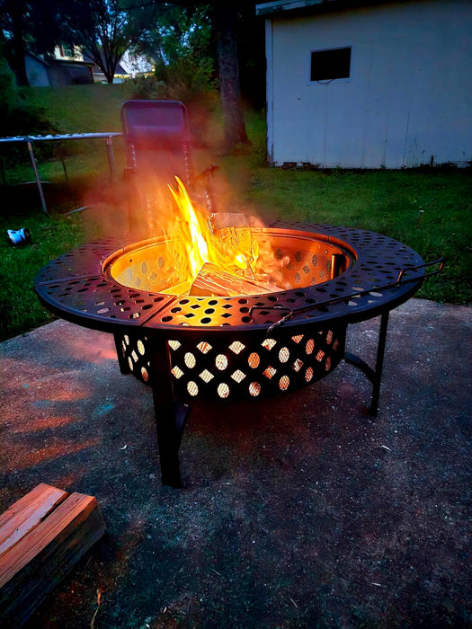 OutVue 91cm Fire Pit with 2 Grills, Wood Burning Fire Pits for Outside with Lid, Poker and Round Waterproof Cover, BBQ& Outdoor Firepit & Round Metal Table 3 in 1 for Patio, Picnic, Party