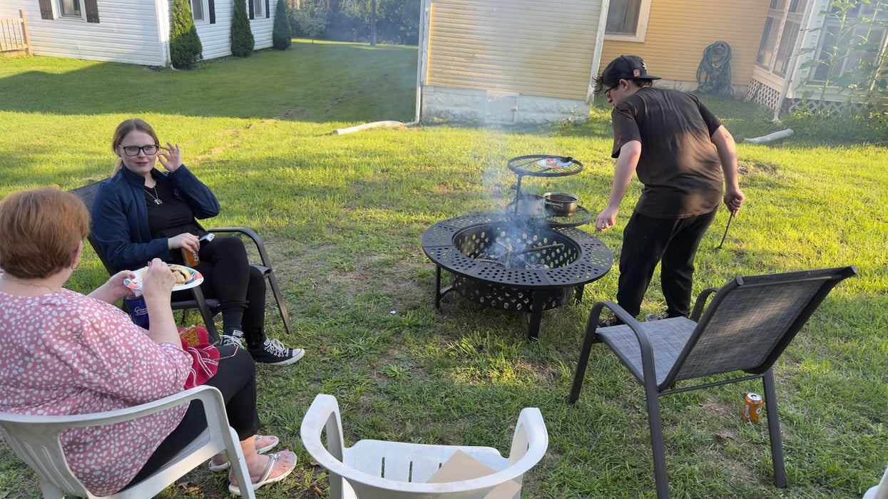 OutVue 91cm Fire Pit with 2 Grills, Wood Burning Fire Pits for Outside with Lid, Poker and Round Waterproof Cover, BBQ& Outdoor Firepit & Round Metal Table 3 in 1 for Patio, Picnic, Party