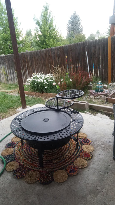 OutVue 91cm Fire Pit with 2 Grills, Wood Burning Fire Pits for Outside with Lid, Poker and Round Waterproof Cover, BBQ& Outdoor Firepit & Round Metal Table 3 in 1 for Patio, Picnic, Party