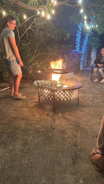 OutVue 91cm Fire Pit with 2 Grills, Wood Burning Fire Pits for Outside with Lid, Poker and Round Waterproof Cover, BBQ& Outdoor Firepit & Round Metal Table 3 in 1 for Patio, Picnic, Party