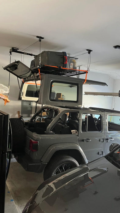 FLEXIMOUNTS GL1 Overhead Garage Lifting Storage Rack, 4x4 Ft Adjustable Garage Ceiling Organization System, Heavy-Duty Metal Garage Storage Racks, 300lbs Weight, Black