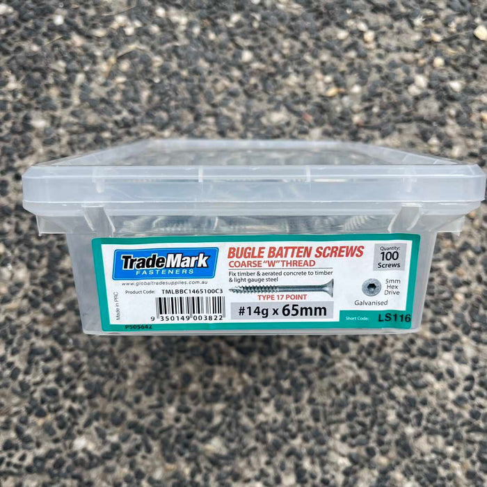 trademark bugle batten screws 5mm #14g coarse thread  t17 hex drive galvanised