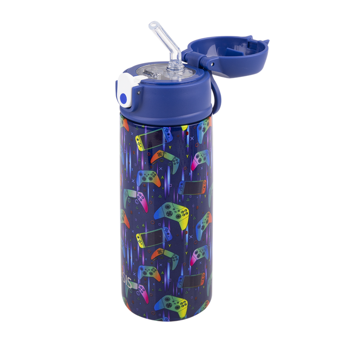 S/S D/WALL INS. KID'S DRINK BOTTLE W/ SIPPER STRAW 550ML GAMER