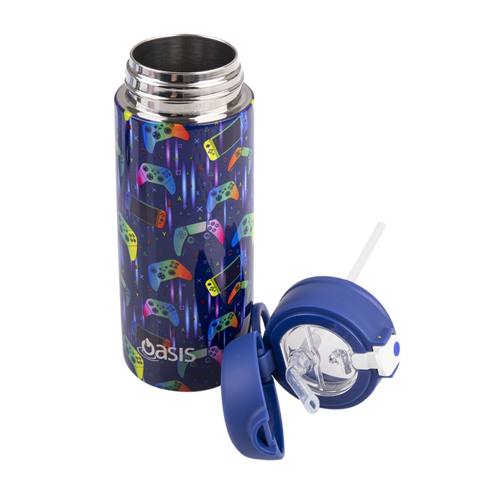 S/S D/WALL INS. KID'S DRINK BOTTLE W/ SIPPER STRAW 550ML GAMER