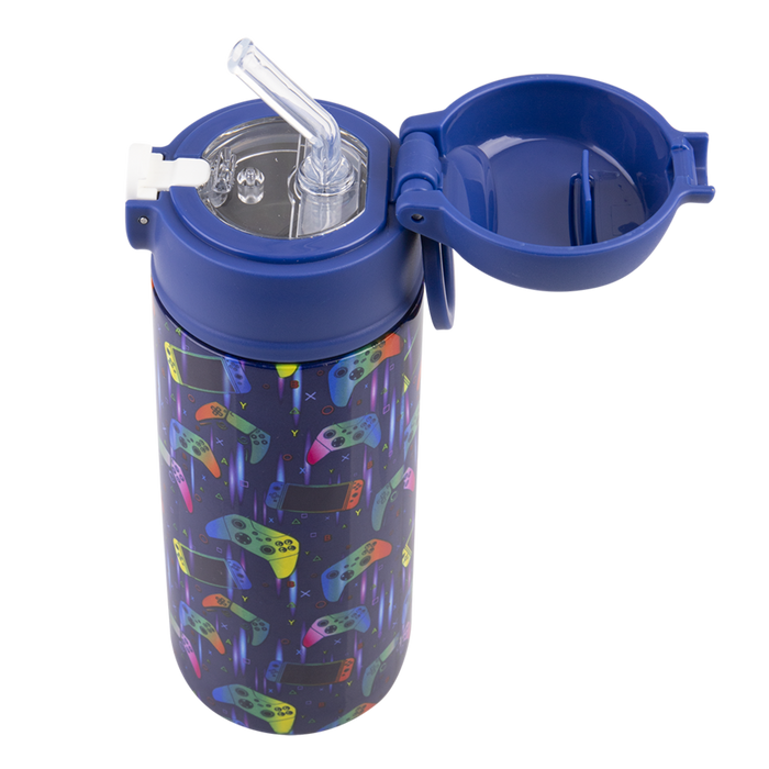 S/S D/WALL INS. KID'S DRINK BOTTLE W/ SIPPER STRAW 550ML GAMER