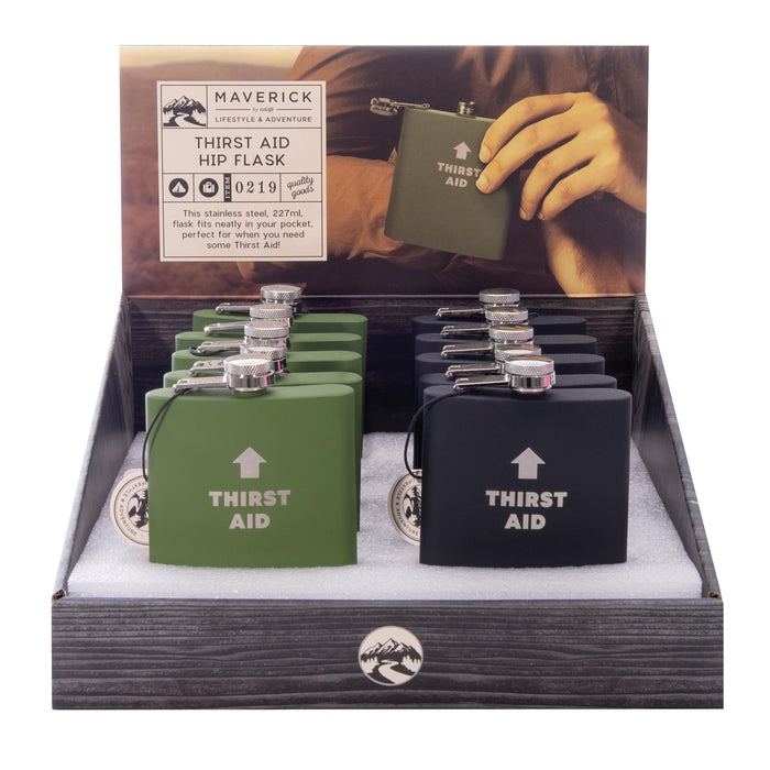 Maverick Thirst Aid Hip Flask CDU 12pcs/2 Assorted