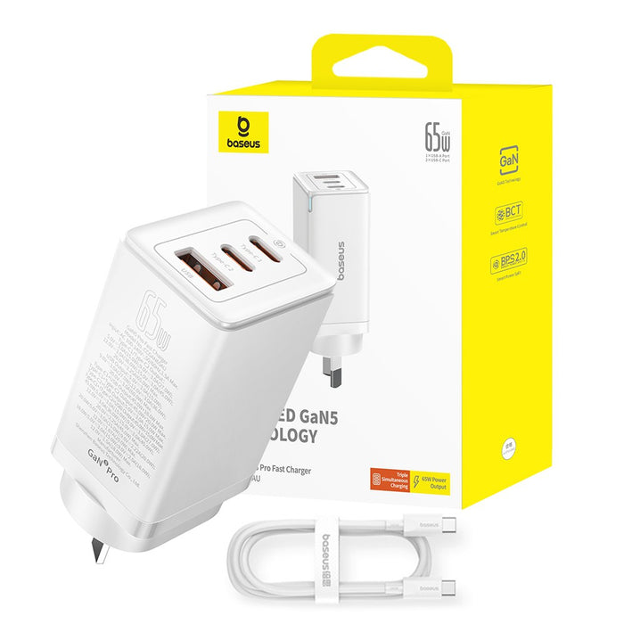 Baseus GaN5 Pro Fast Charger 2xUSB-C 1xUSB 65W-Moon White