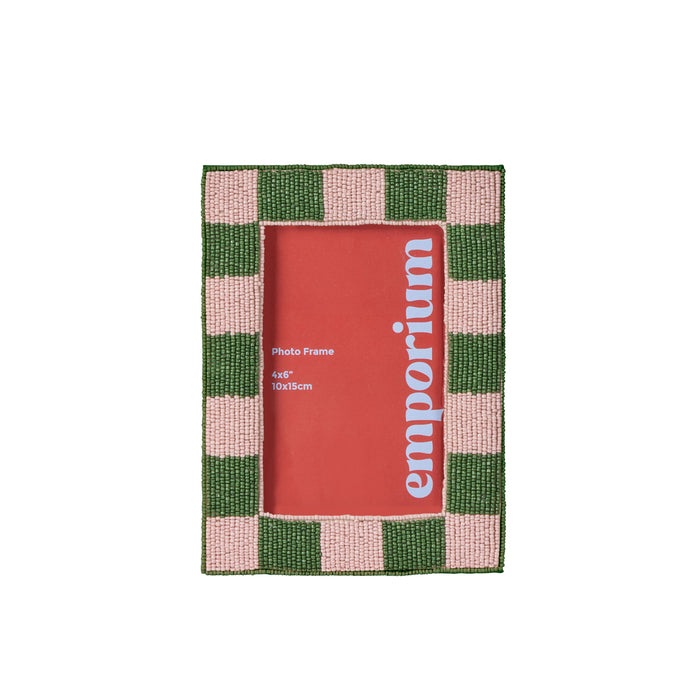 Emporium Ruby Beaded Check Photo Frame Pink & Green