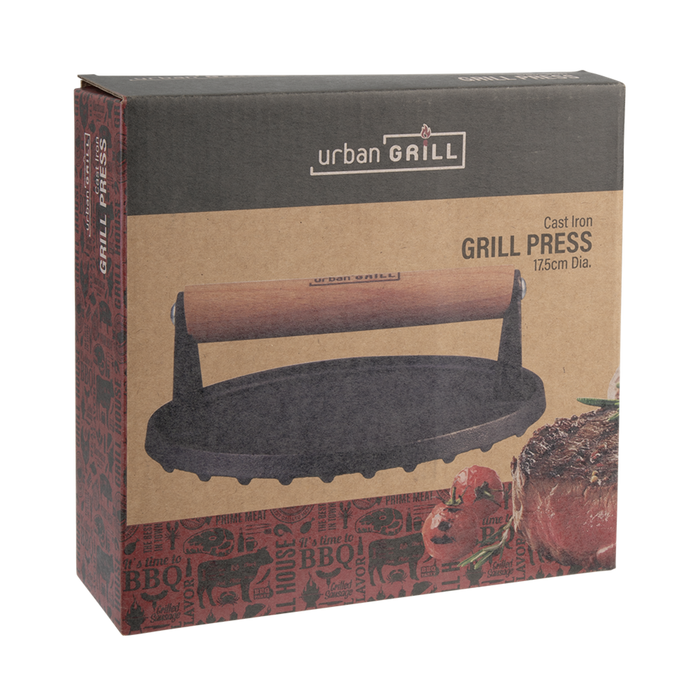 CAST IRON ROUND GRILL PRESS 17.5CM DIA.