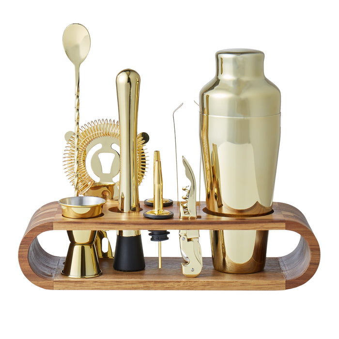 Davis & Waddell Bar Set with Acacia Stand Gold