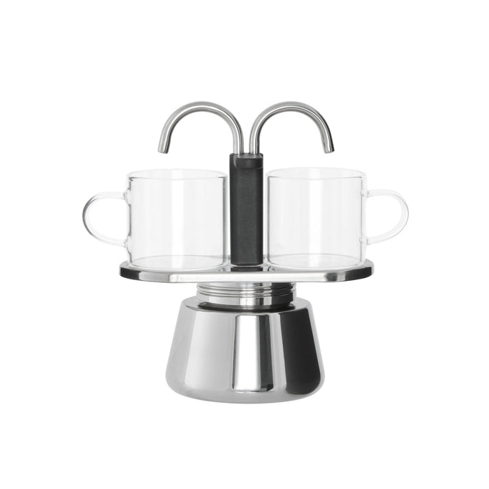 Leaf & Bean Piazza Stainless Steel Espresso Maker & 2pcs Glass Cups Sliver & Black