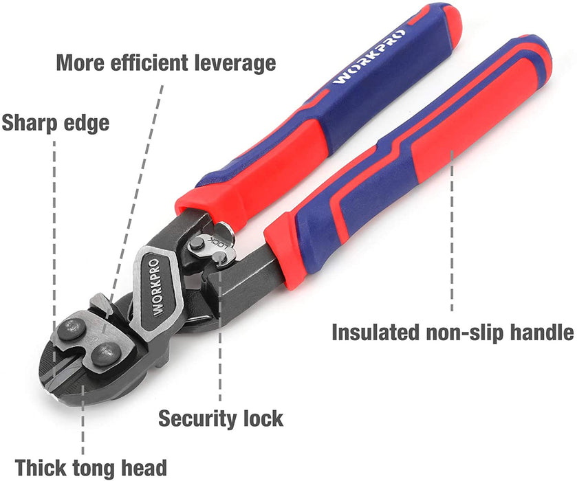 WORKPRO 8" Mini Bolt Cutter with Security Lock & More Efficient Leverage