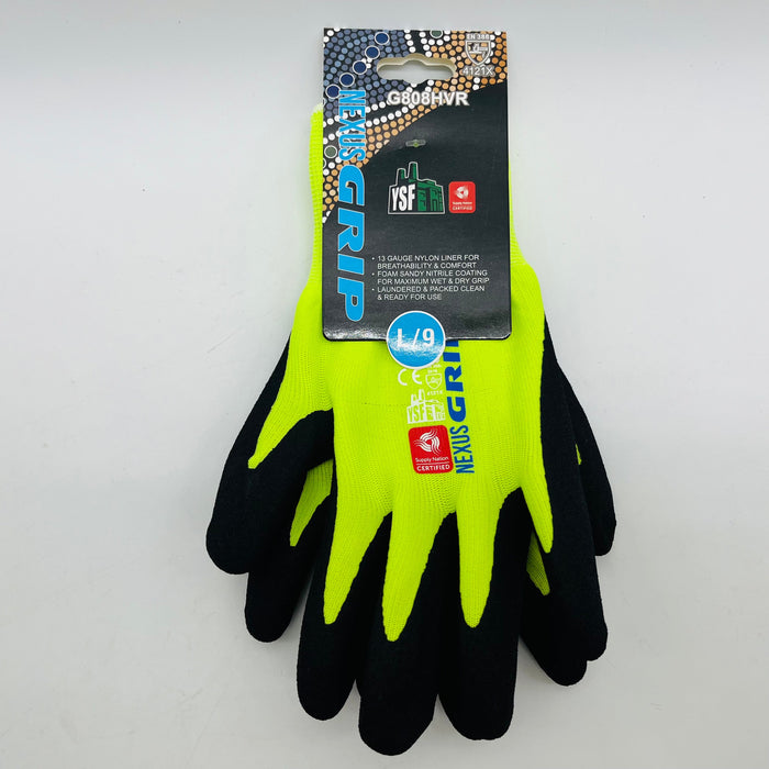 Nexus GRIP Nitrile Sandy Finish Gloves - Black/Hi-Vis, Oil & Abrasion Resistant, Breathable, Machine Washable (12 Pairs)