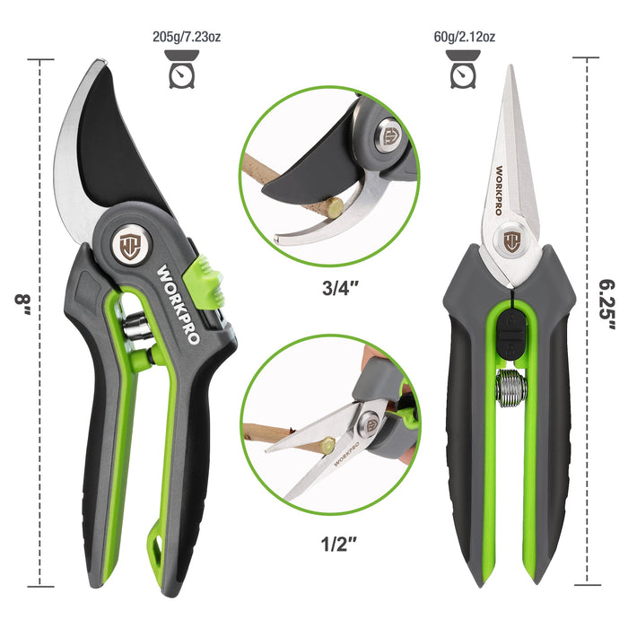 WORKPRO Garden Pruning Shears 2 Pack, 8" Bypass Pruning Shears and 6.25" Straight Garden Scissors