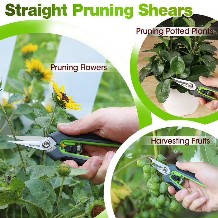 WORKPRO Garden Pruning Shears 2 Pack, 8" Bypass Pruning Shears and 6.25" Straight Garden Scissors